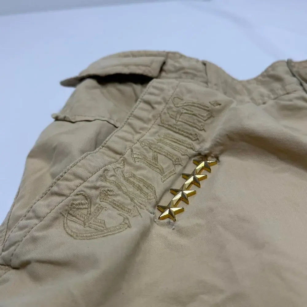 Southpole Y2K Cargo Shorts Tan Embroidered Patches Streetwear Size 32